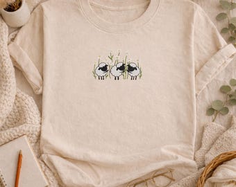 Embroidered Sheep T Shirt Cute Daisy Floral, Cozy Farm Animal Crewneck, Cottagecore Gift for Women Tee