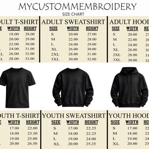 The image is a size chart for various types of clothing, including adult t-shirts, sweatshirts, and hoodies. It provides the width and height measurements for each size, ranging from small to extra-large.