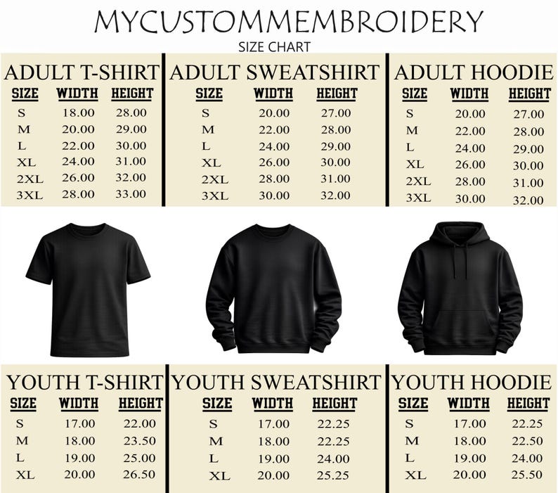 The image is a size chart for various types of clothing, including adult t-shirts, sweatshirts, and hoodies. It provides the width and height measurements for each size, ranging from small to extra-large.