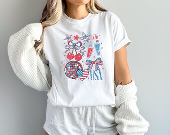 Patriotic Coquette USA Shirt, Retro Fourth of July Tee, Americana Bow Cherry Graphic T-Shirt, Red White Blue Summer Top, Independence Outfit