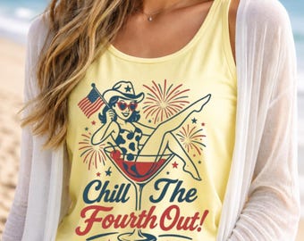 Chill The Fourth Out Tank Top, Funny 4th of July Shirt, Patriotic Cocktail Graphic Tank, Red White Blue Summer Top, Independence Day Gift