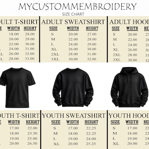 The image is a size chart for various types of clothing, including adult t-shirts, sweatshirts, and hoodies. It provides the width and height measurements for each size, ranging from small to extra-large.