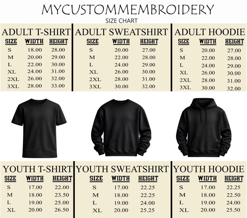 The image is a size chart for various types of clothing, including adult t-shirts, sweatshirts, and hoodies. It provides the width and height measurements for each size, ranging from small to extra-large.