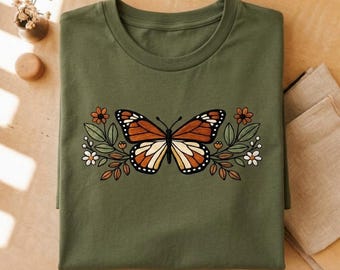 Monarch Butterfly Floral Hoodie, Embroidered Style Butterfly Sweatshirt, Wildflower Nature Aesthetic Top, Cottagecore Garden Shirt