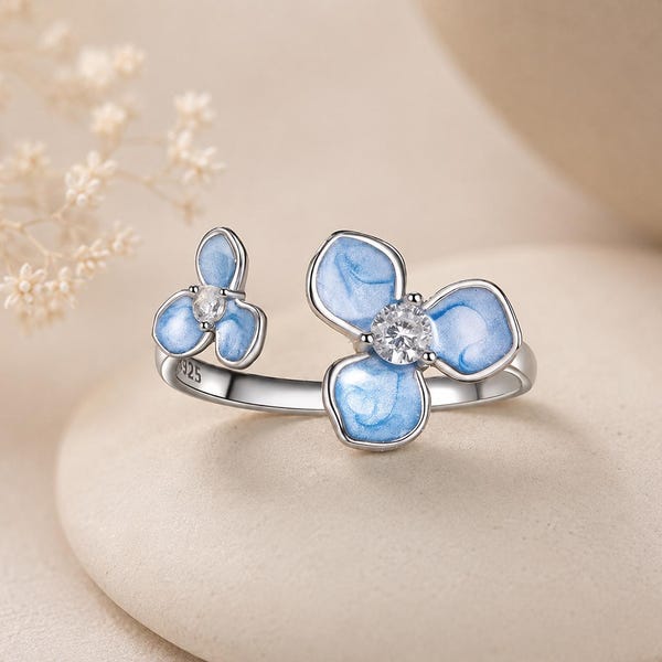 Sterling Silver Blue Enamel Flower Ring – Adjustable Cubic Zirconia/Flower Jewelry/Gift For Mom