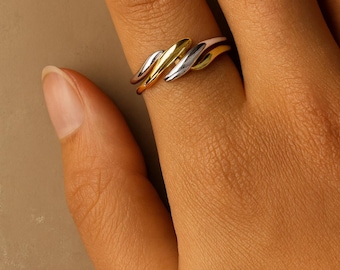 Wavy 925 Sterling Silver Ring, 18K Gold Plated Adjustable Ring, Stackable Twisted Ring, Two Tone Ring Set, Gift for Her