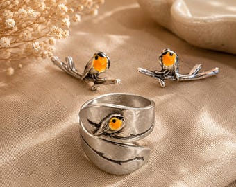 Robin Bird sterlingzilveren sieradenset – verstelbare ring en oorbellen, op de natuur geïnspireerde bossieraden, roodborstje cadeau voor haar