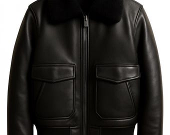 Handmade Men's Black Bomber Shearling Fur Collar Leather Jacket Pilot Aviator Style Biker Coat