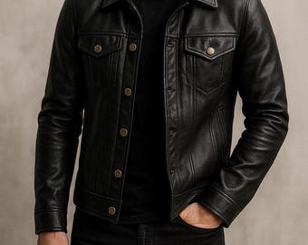 Men's Lambskin Leather Trucker Jacket | Black Vintage Style
