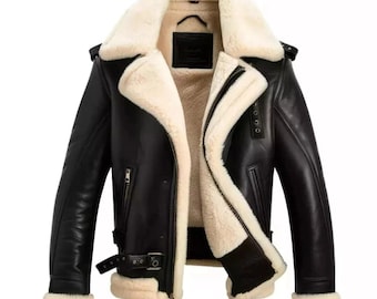 Mens Black Shearling Aviator Jacket: Handmade Sheepskin Bomber