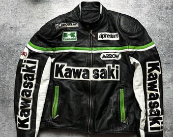 Chaqueta de moto Kawasaki Racing: Chaqueta de motorista de cuero genuino de vaca.