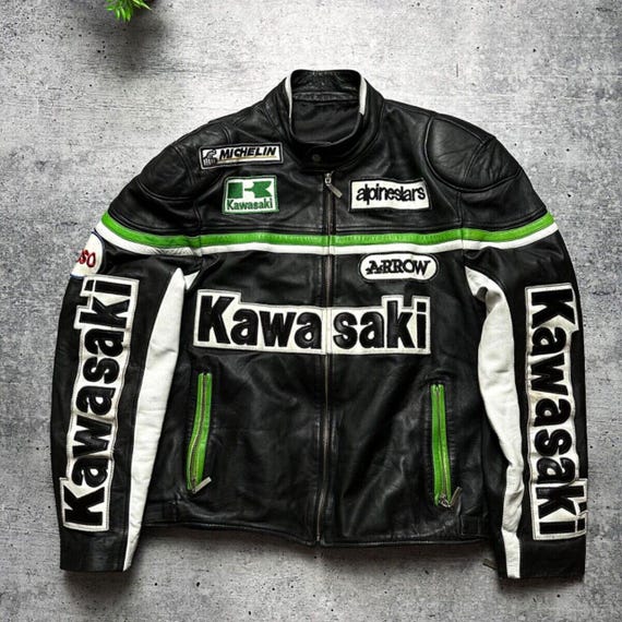 Kawasaki Racing Motorcycle Jacket: Genuine Cowhide Leather Biker Jacket