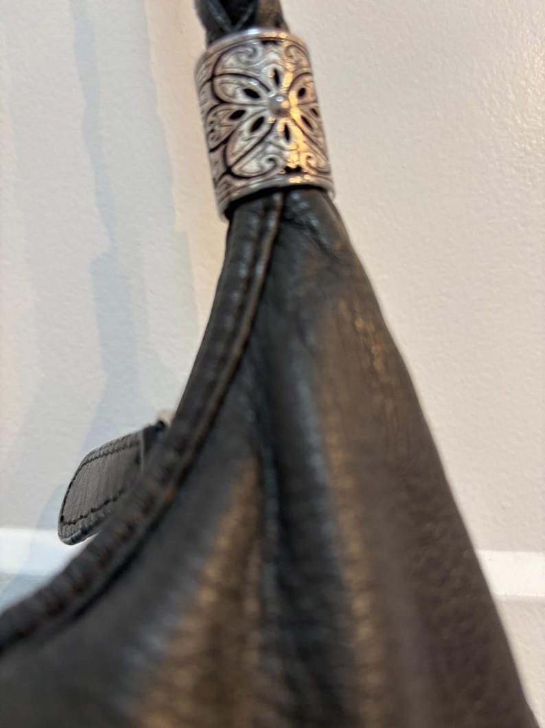 Brighton Black Leather Shoulder Bag Embroidered Beaded Floral Design Silver Tone image 8