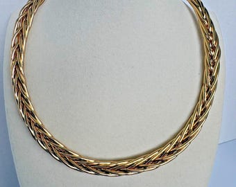 Vintage Shiny Gold Tone Braided Metal Collar Choker Necklace
