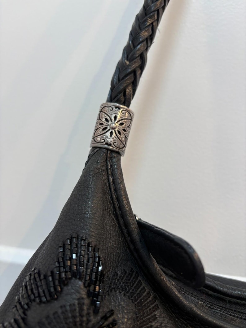 Brighton Black Leather Shoulder Bag Embroidered Beaded Floral Design Silver Tone image 5