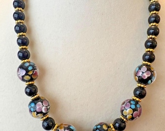 Gold Tone Black Floral Venetian Lampwork Glass Beaded Necklace & Pierced Earring