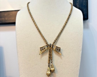 Vintage Gold Tone Damascene Bow Pendant Necklace 16" Snake Chain