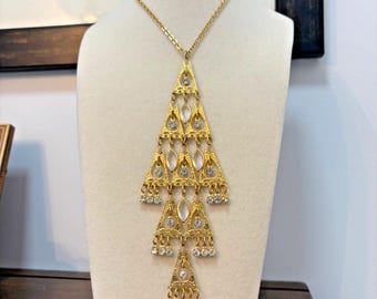 Vintage Park Lane Dangling Crystal & Rhinestone Chandelier Necklace Gold Tone