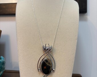 Silver Tone and Jasper Oval Pendant Statement Necklace Artisan Boho 16"