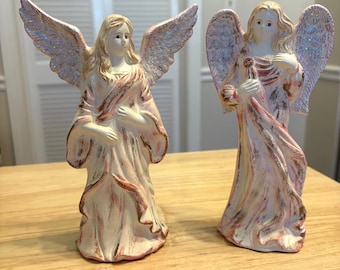 Juego de moldes vintage de dos ángeles navideños de cerámica pintados a mano de 18 cm de alto