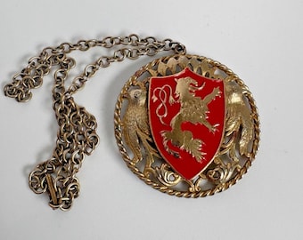 Vintage Large Red Lion Bird Coat Of Arms Crest Pendant Necklace 19" MCM