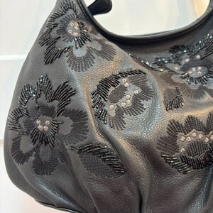 Brighton Black Leather Shoulder Bag Embroidered Beaded Floral Design Silver Tone image 2