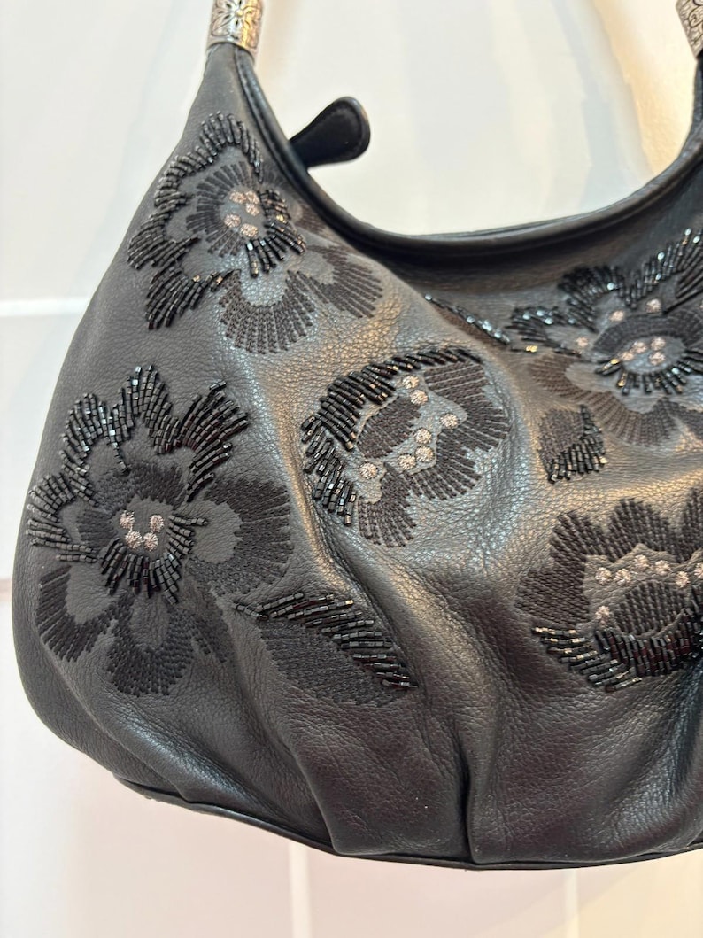 Brighton Black Leather Shoulder Bag Embroidered Beaded Floral Design Silver Tone image 2