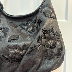 Brighton Black Leather Shoulder Bag Embroidered Beaded Floral Design Silver Tone image 3
