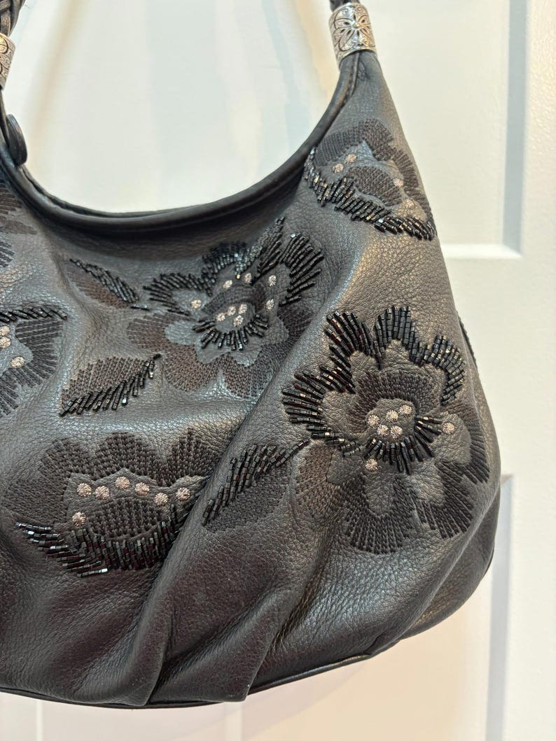 Brighton Black Leather Shoulder Bag Embroidered Beaded Floral Design Silver Tone image 3