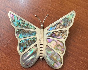 Vintage Abalone Butterfly Brooch Pin Shell Mexico Silver Tone 2"