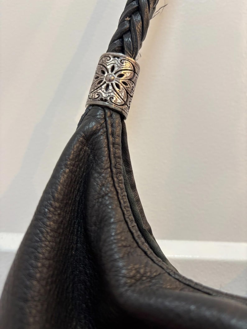 Brighton Black Leather Shoulder Bag Embroidered Beaded Floral Design Silver Tone image 7