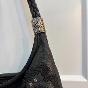Brighton Black Leather Shoulder Bag Embroidered Beaded Floral Design Silver Tone image 4