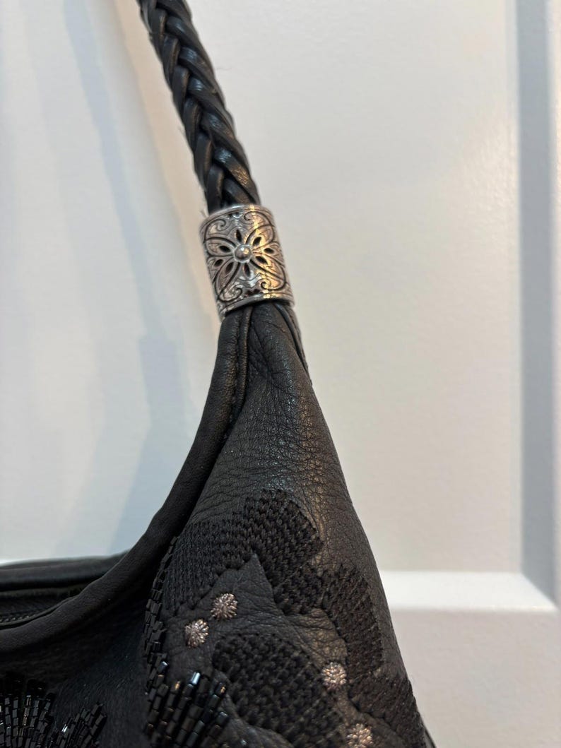 Brighton Black Leather Shoulder Bag Embroidered Beaded Floral Design Silver Tone image 4