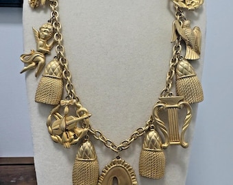 Colar vintage dourado com pingente de querubim e borla, estilo baile de máscaras musical, pesado, 76 cm (30")