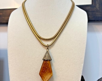 Vintage Brass Two Strand Snake Chain Necklace w/ Brown Tan Czech Glass Pendant