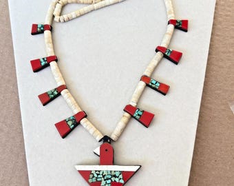 Santo Domingo Kewa Pueblo Depression Stone Inlay Thunderbird Necklace 24'' Neck