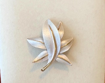 Vintage Pastelli Leaf or Feather Pin Two Tone Brushed Silver and Gold Brooch
