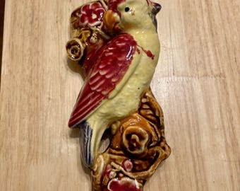Vintage Majolica Parrot Bird Ceramic Wall Pocket Planter Made in Japan