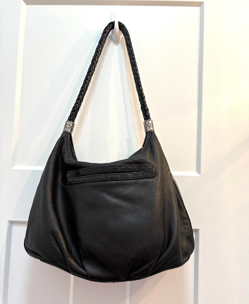 Brighton Black Leather Shoulder Bag Embroidered Beaded Floral Design Silver Tone image 6