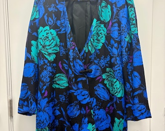 Vintage SILKS by St. Gillian 100% Silk Blazer Jacket Size 10 Black Blue Green Floral Gorgeous! Made in Korea.