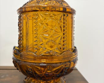 Vintage Indiana Glass Amber Stars and Bars Fairy Lamp Candle Holder * CALLOUTS