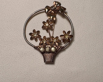 Vintage Rose Gold Tone Basket of Flowers Brooch Pin with Crystal Accents and Bow