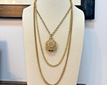 Vintage Goldette Triple Chain Ornate Hexagon Gold Tone Snap Locket Necklace