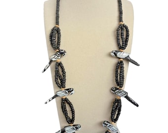 Vintage Wood Bird Parrot Beaded Necklace Black and White Boho Tropical