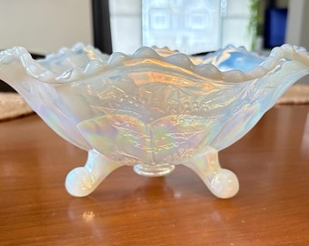 Vintage Fenton White Iridescent Carnival Glass Bowl Holly Deer Stag 9.5"