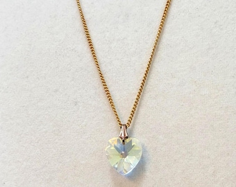 Vintage Iridescent Crystal Faceted Heart Pendant Necklace Swarovksi Gold Tone