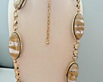 Chico's Huge Heavy Gold Foiled Acrylic Statement Bead Gold Tone Necklace 38"