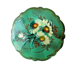 Vintage Estate Russian Green Lacquer Wood Painted Flower Brooch Pin Signed