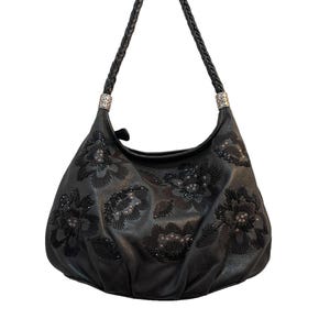 Brighton Black Leather Shoulder Bag Embroidered Beaded Floral Design Silver Tone image 1