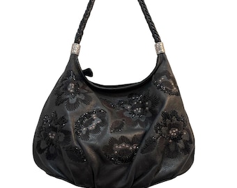 Brighton Black Leather Shoulder Bag Embroidered Beaded Floral Design Silver Tone
